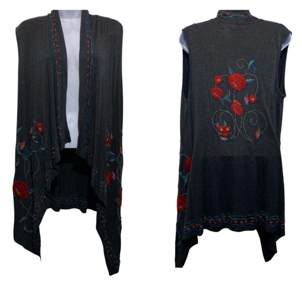 Caite Embroidered Open Front Embroidered Kimono Vest Dark Grey Lg